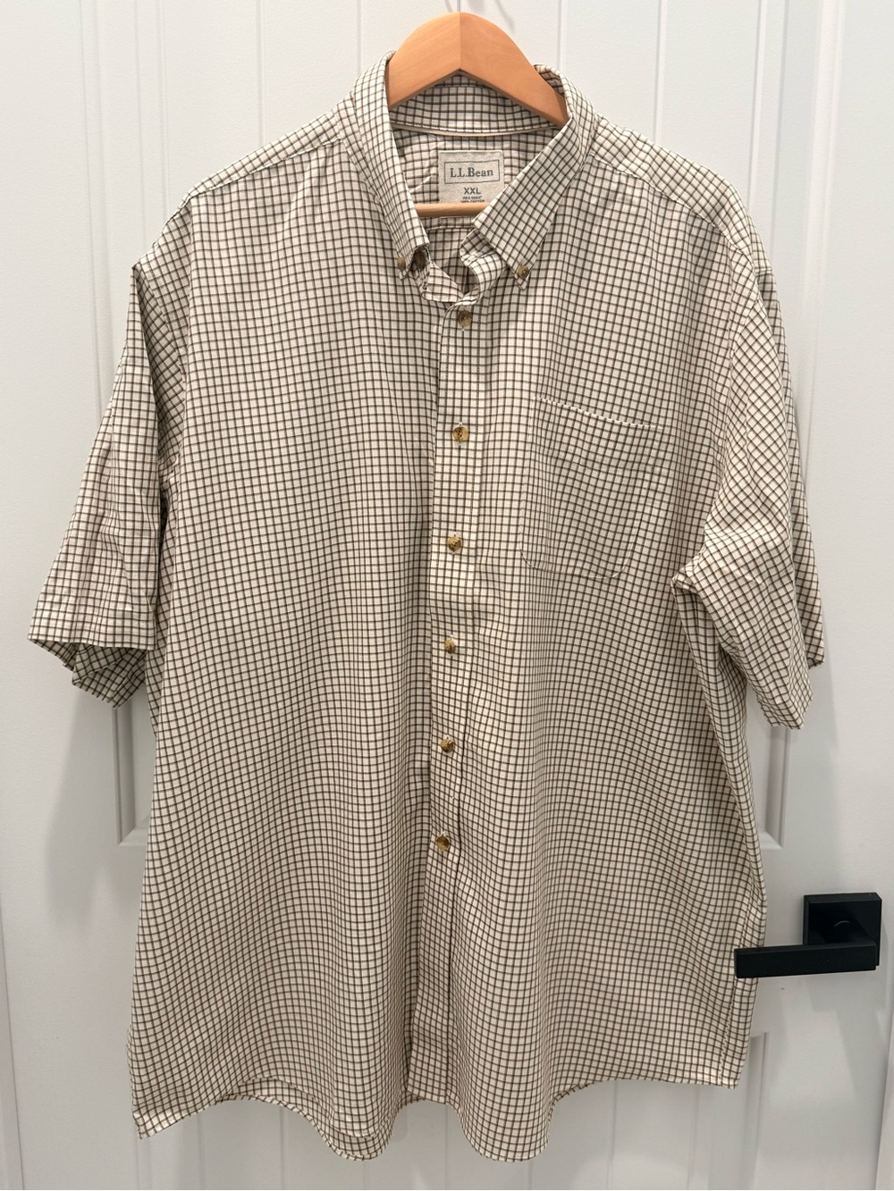 L.L. Bean Beige Shirt with Brown Check Short-Sleeve Button-Down